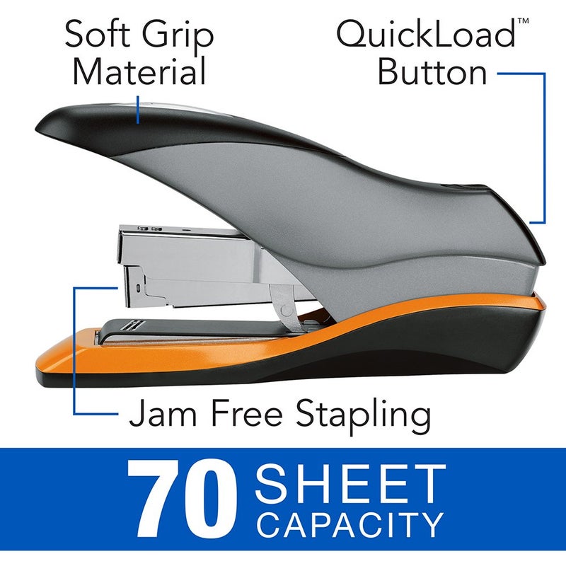 Swingline Stapler, 70 Sheet Capacity, Optima 70, Jam Free, Reduced Effort, Soft Grip, Metal, Silver, Black and Orange (87870) - Image 2